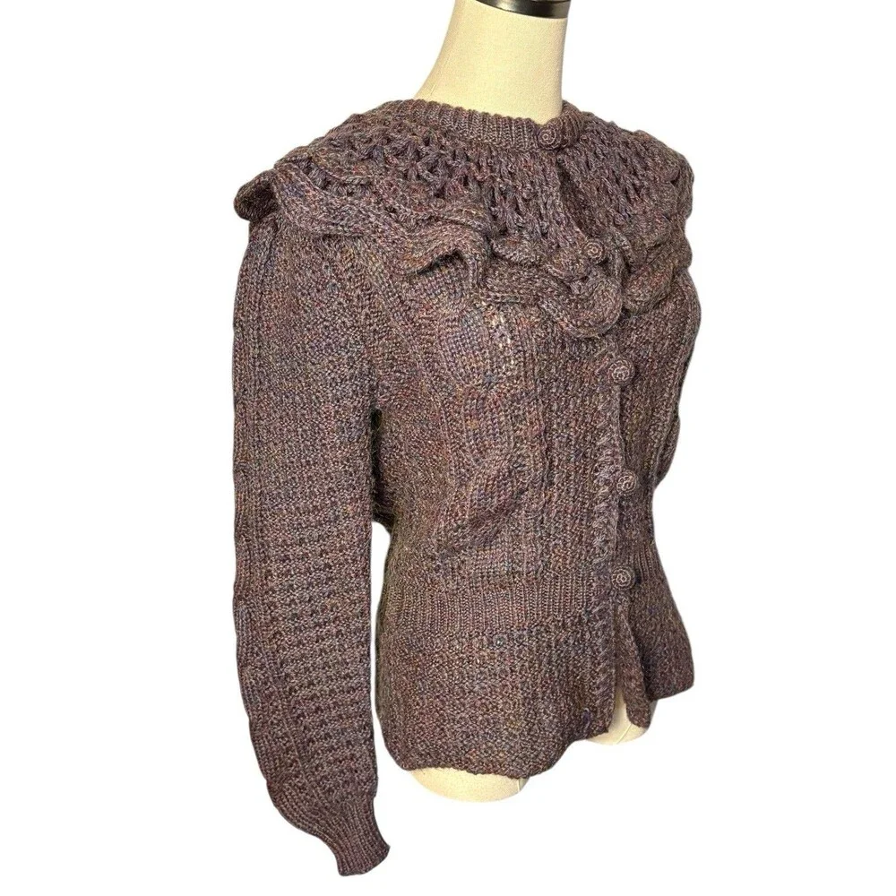Samantha Starr Wool Blend Sweater Purple Button Ruffle Collar M